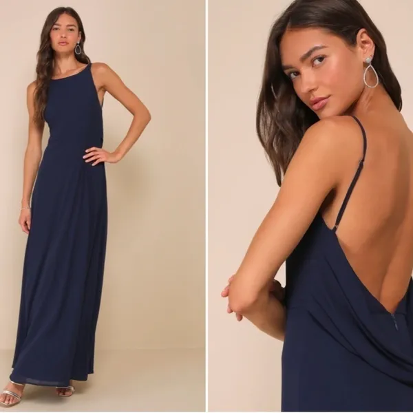LULU's Prom Wedding Flowy Romantic Open Back Navy Chiffon Maxi Dress NWOT - Image 3