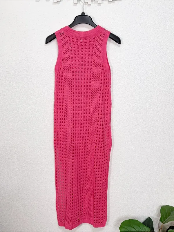 Miss Sparkling Hot Pink Crochet Open Knit Maxi Dress Swim Cover Up - Image 6