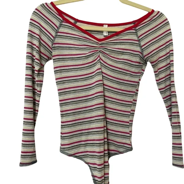 Free People Striped Ribbed Off Shoulder Bodysuit Womens XS Sweetheart Neckline - Image 2