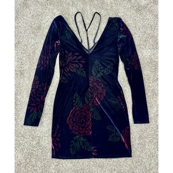 Free People Intimately Floral Velvet Strappy Bodycon Mini Dress Long Sleeve Sz S - Image 6