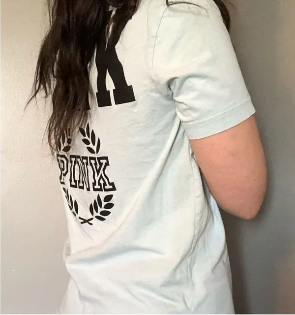 Victoria’s Secret PINK V Neck Logo Light Blue Pocket Graphic Back Top XS - Image 3