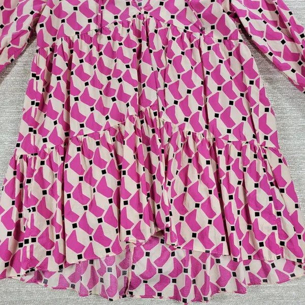 Zara Geometric Babydoll Dress Womens Medium Pink High Low Tunic Tiered Loose Fit - Image 7