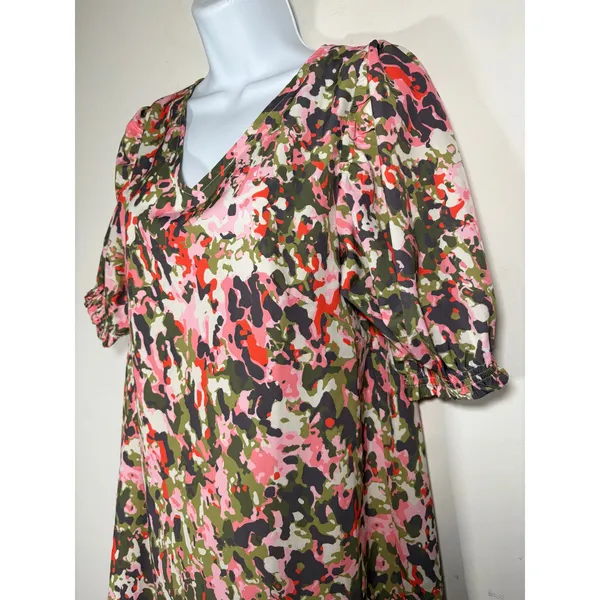 Michelle McDowell Shift Dress Pink Green Garden Party Puff Sleeve V-Neck Small - Image 3