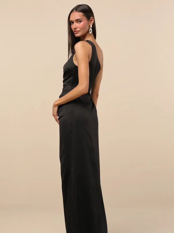 Lulus Dreaming of Elegance Black Satin One-Shoulder Maxi Dress Size Large - Image 2
