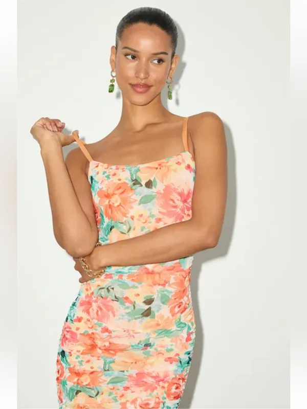 NWT * LULU’S Date Night Beauty Orange Floral Print Mesh Ruched Midi Dress Sm - Image 5