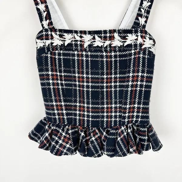 FANM MON Tweed Tartan Plaid Embroidered Square Neck Peplum Top XS NWT - Image 9