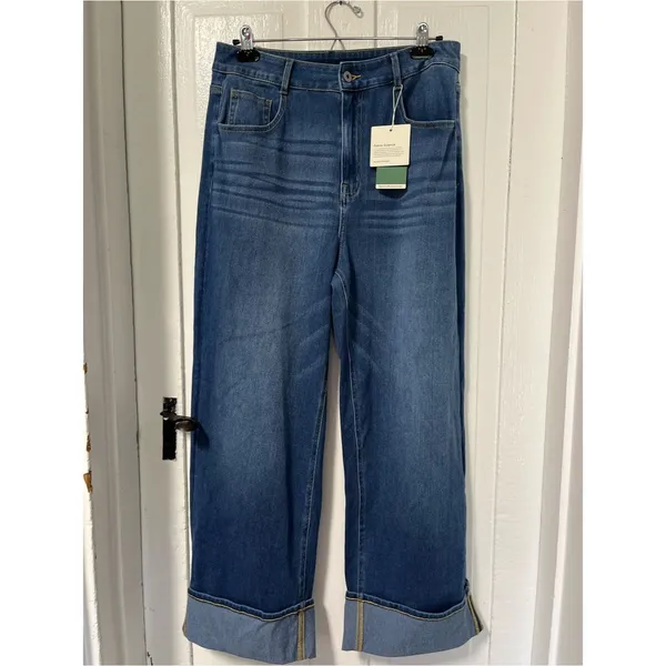 NWT Halara Flex Tall High Waisted Pockets Rolled Hem Wide Leg Washed Denim Large - Image 3