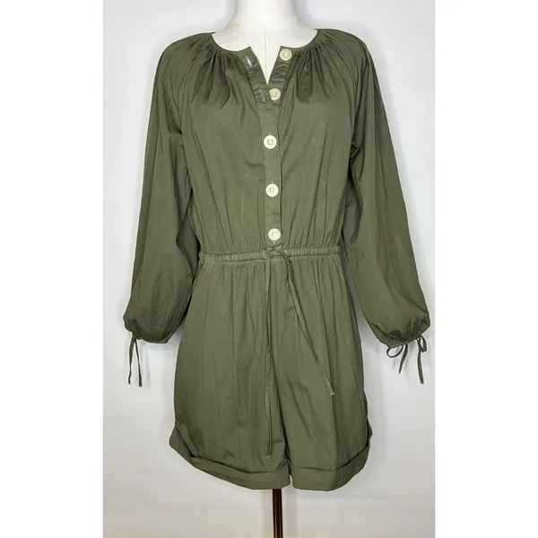 J.Crew Olive Green Cotton‎ Poplin Long Sleeve Romper Button Front Medium NWT - Image 2