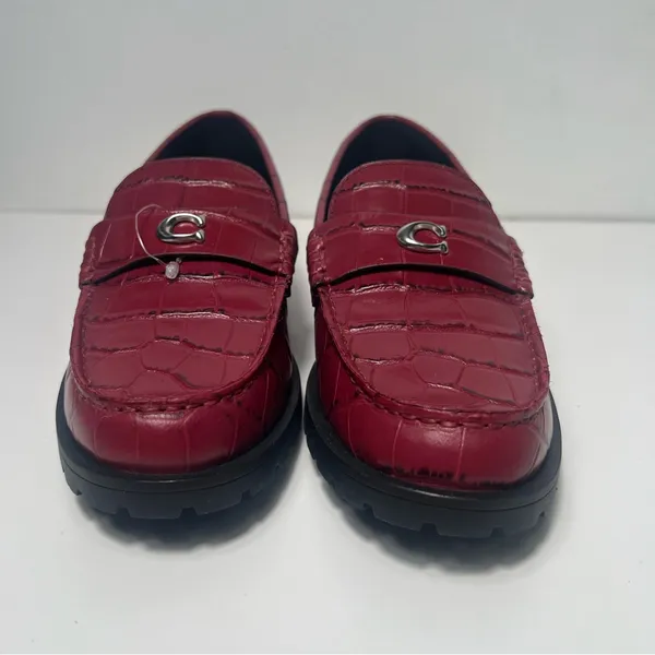 Coach Jocelyn Croc Embossed Dark Ruby Red Leather Slip On Penny Loafers Flats - Image 7