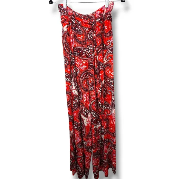Free People Double Trouble Tiger Lily Combo Red Paisley Boho Tie Wide Leg Pants - Image 6