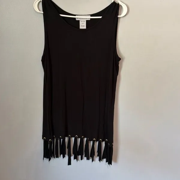 Seventh Avenue Black Sleeveless Tunic Top Fringe Hem Gold Grommet Detail Size M - Image 2