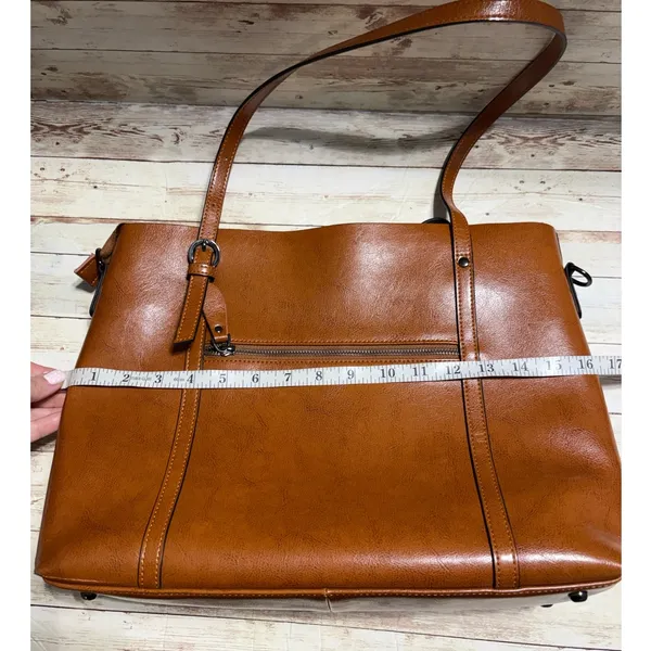FZONE Leather Shoulder Tote Bag Brown Crossbody Office Handbag Laptop Work NWOT - Image 9
