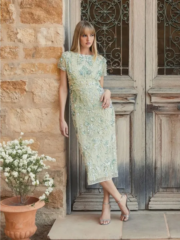Mac Duggal 94150 Green Embellished Cap Sleeve Midi Dress sz 2 - Image 4