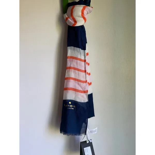 Kate Spade New York NWT Colorblock Stripe Scarf Navy Coral Ivory Wrap 25x77 - Image 5
