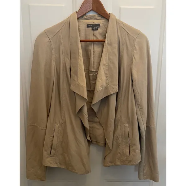 Vince Tan Beige Draped Open Front Leather Jacket‎ Ribbed Knit Sleeve Womens S - Image 2