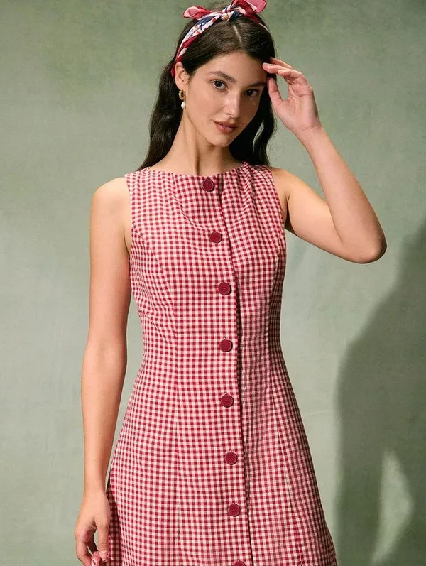 RIHOAS The Red Boat Neck Plaid Mini Dress - Image 3