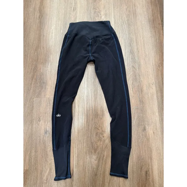 Alo Yoga Womens High Waist Ribbed Cuff Leggings Black Blue Contrast Stitch 3886 - Image 2
