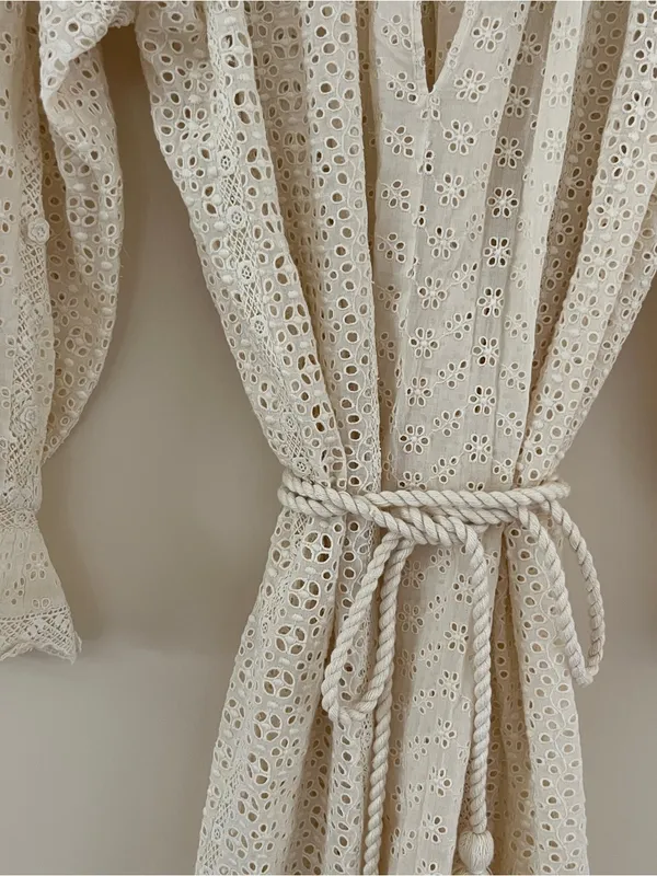 Doen Persephone Cream Eyelet Midi Dress with Tassel Belt in Magnolia NWT sz XXS - Image 9
