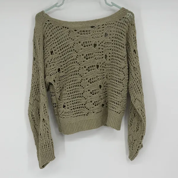 Zara Women Crochet Open Knit Sweater Sage Green‎ Long Sleeve Size S Boho Top - Image 2