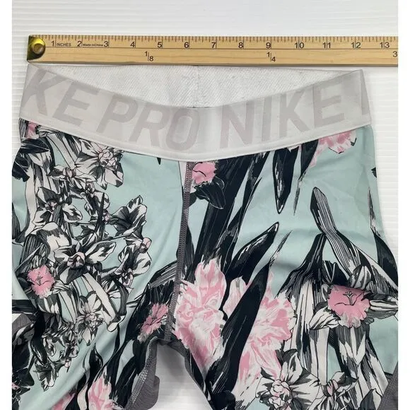 Nike Pro Floral Print Athletic Leggings‎ Grey Mint Workout Compression Pants M - Image 3