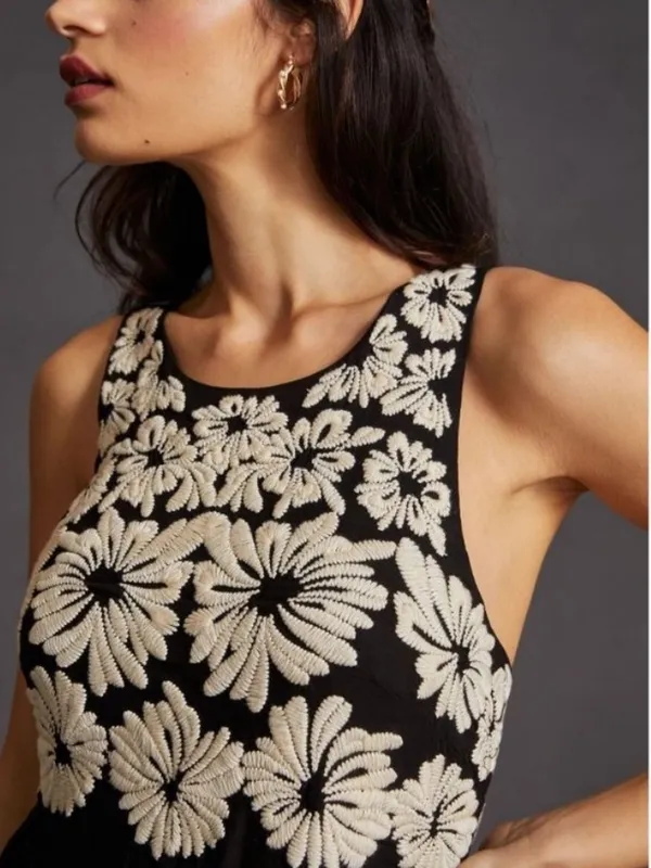 Anthropologie Floral Embroidered Maxi Dress Womens XS Black NWT Convertible Back - Image 3