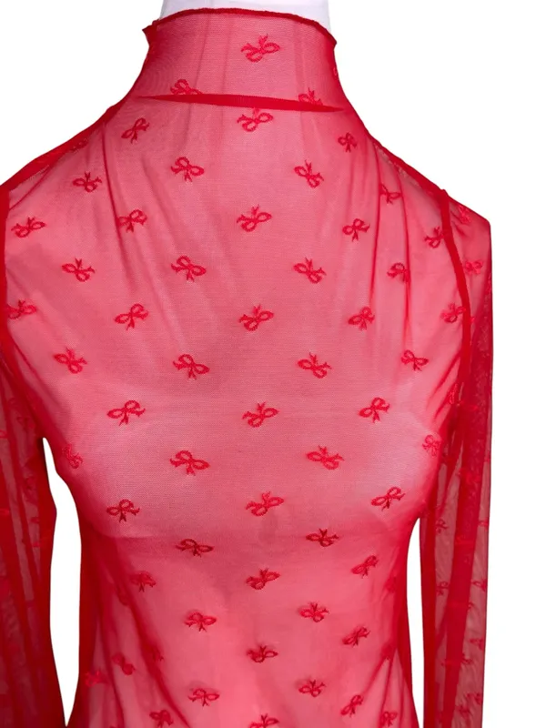 NWT Serra Red Mesh Bow Design Top Medium M Mock Neck Sheer Long Sleeve Aldi Find - Image 3