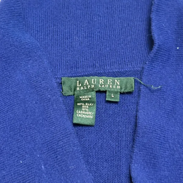 Lauren Ralph Lauren Sweater Women Large Blue Silk Cashmere Shawl Neck V-Neck - Image 2