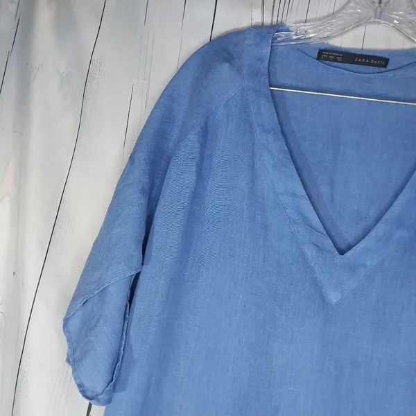 Zara Basic 100% Linen Blue V-Neck Relaxed Fit Everyday Casual Shift Dress Size S - Image 3