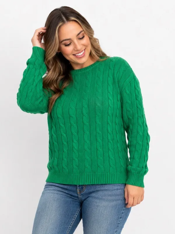 Cable Knit Crewneck Sweater Green Size L - Image 2