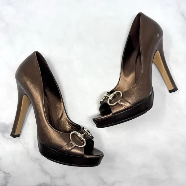 GUCCI Vintage Y2K Hollywood Horsebit Metallic Leather Platform Pump Heels Bronze - Image 5