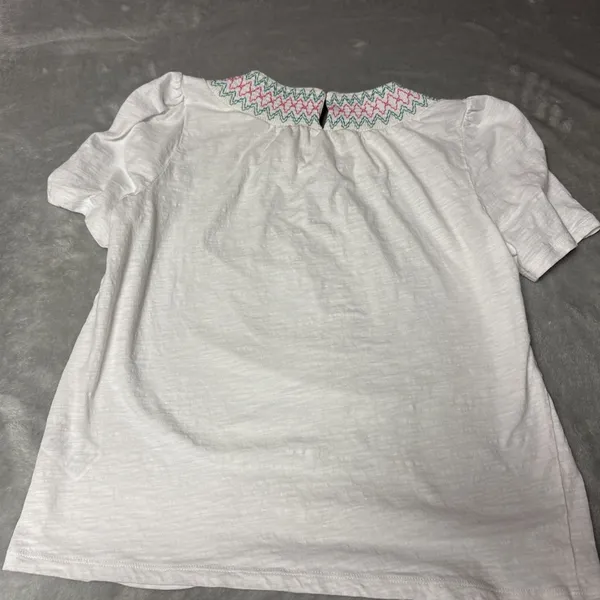 Boden Smock Neck Puff Sleeve TopWhite Blue Green Pink Blue Smocked Neck Sz 6 - Image 4