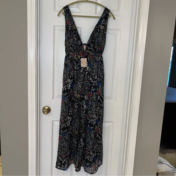 Anthropologie Raga Rain Forest Plunge Neck Maxi‎ Dress Black Floral Medium NEW - Image 2