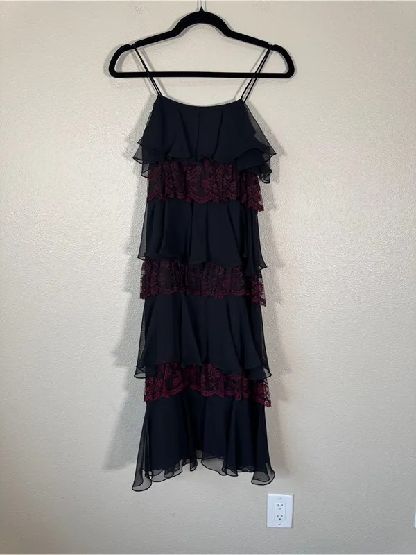 Vintage 90s Black Burgundy Lace Tiered Maxi Dress Womens S Whimsigoth Witchy - Image 12