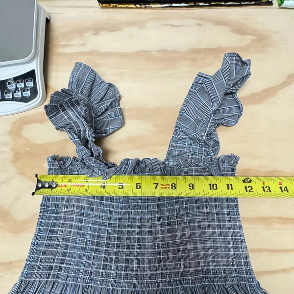 Hill House Ellie‎ Nap Dress XS Grey Blue Plaid Smocked Ruffle Midi Dress Picnic - Image 9