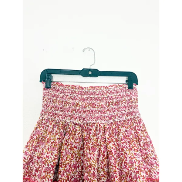 Poupette St Barth Galia Smocked Mini Skirt Size XS Pink Mistral Floral Boho - Image 5