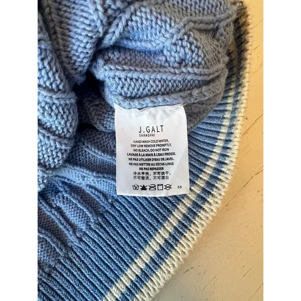 J Galt Shanghai Blue Cable‎ Knit V-Neck Sweater Striped Trim Preppy Pullover - Image 3