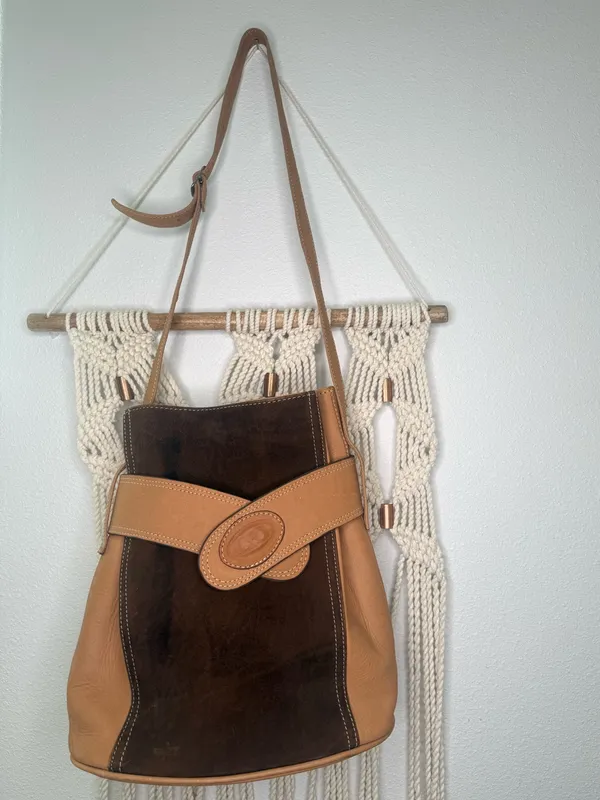 Vtg Leather Bucket Bag Dual Toned Brown Camel Handcrafted Luxurious Vintage - Image 6