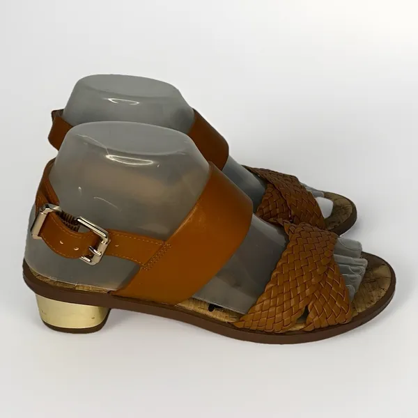 Sam Edelman‎ Teena 2 Sandals 7M Tan Woven Strap Cork Footbed Gold Heel - Image 4