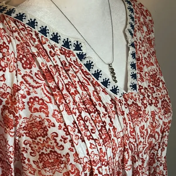 Vintage America Boho Pleated Notch Neck Oversized Peasant Blouse - Image 6