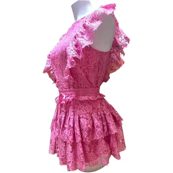Idem Ditto Layered Lace Romper Mini Dress Pink Small - Image 3
