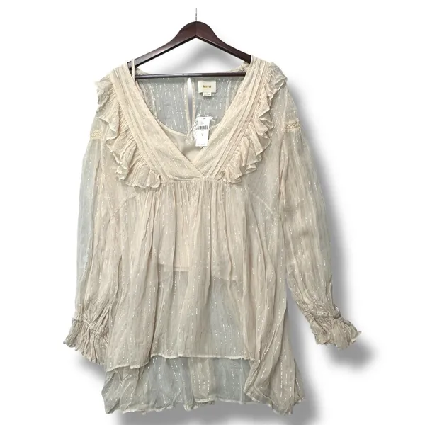 Maeve Anthropologie Ruffle Tunic Blouse Top Size 6‎ Beige Metallic Stripes NEW - Image 2