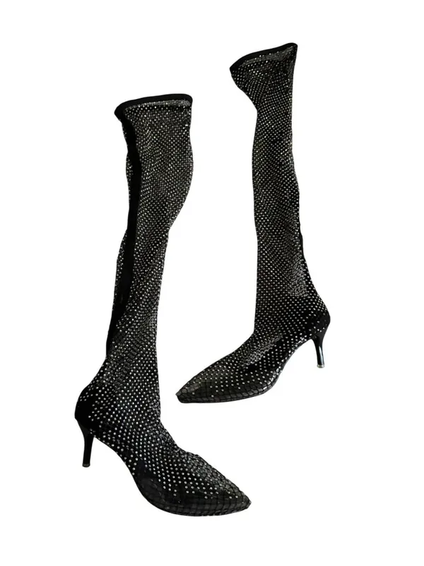 BLACK Mesh Rhinestone Pull On Boots Size JPN 24.5 / US 8.5 - Image 10