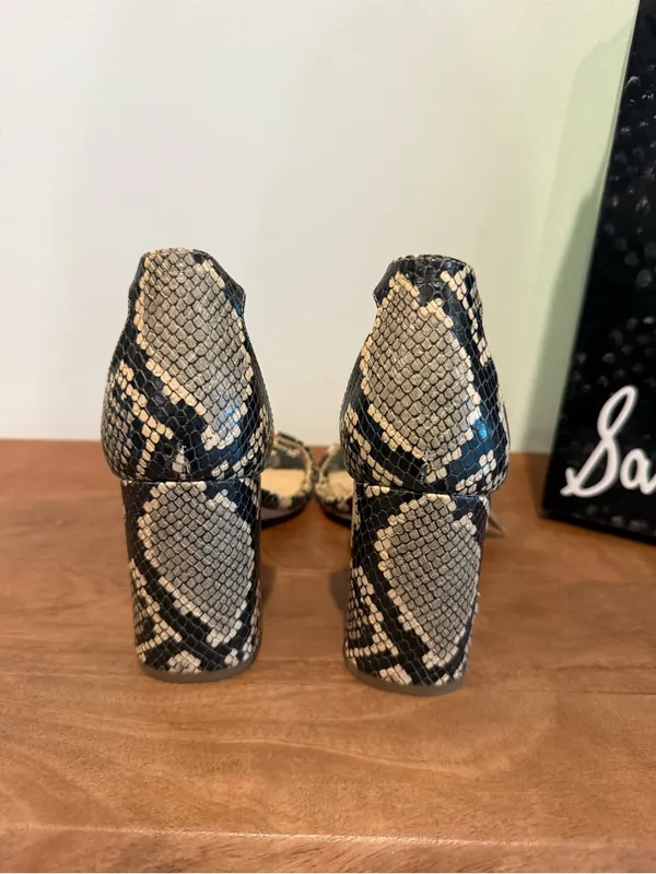 Sam Edelman Snake-Print Ankle-Strap Block Heels in Beige and Black - Image 3