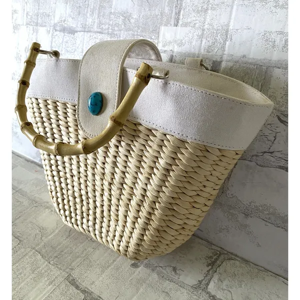 Unbranded Turquoise Straw Bamboo Handle Bag Lightweight Mini Snap Closure Yellow - Image 6