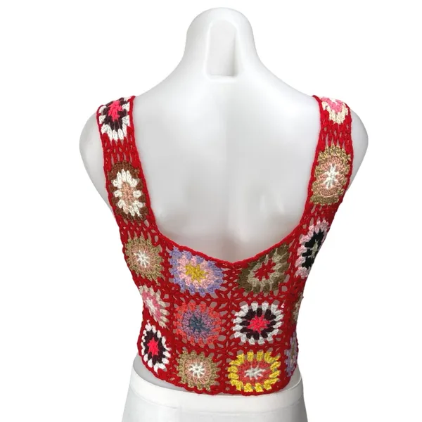 Red Crochet Granny Floral Hollow Out Festival Boho Square Crop Tank Top Size M - Image 2