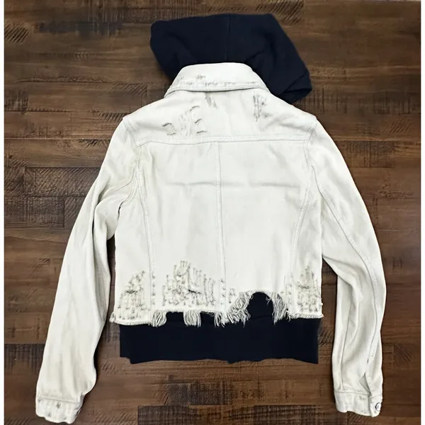 Free People Hoodie Jacket Women XS White Distressed Double‎ Weave Denim - Image 14