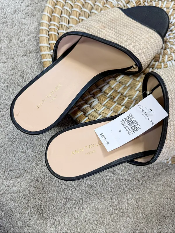 Ann Taylor Factory Women’s Slip-On Leather Raffia Wedge Sandals in Black Cream 8 - Image 13