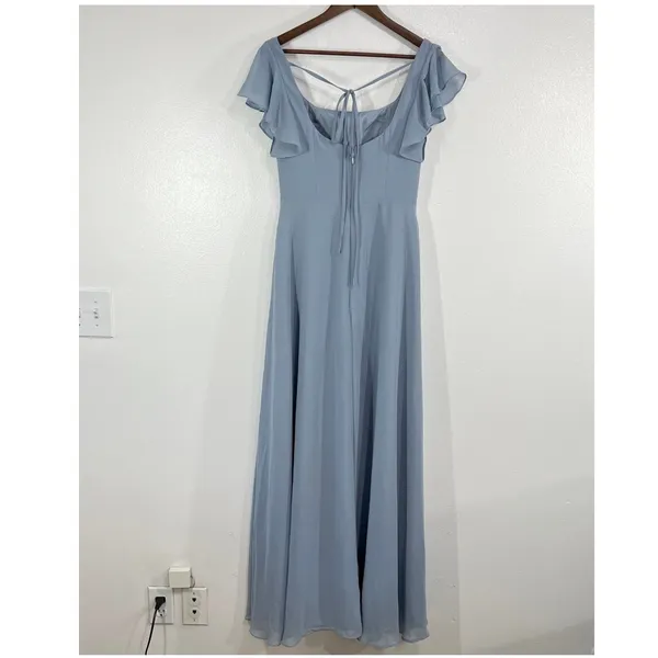 Azazie Womens A6 Dusty Blue Chiffon Flutter Sleeve Floor Length Bridesmaid Dress - Image 4