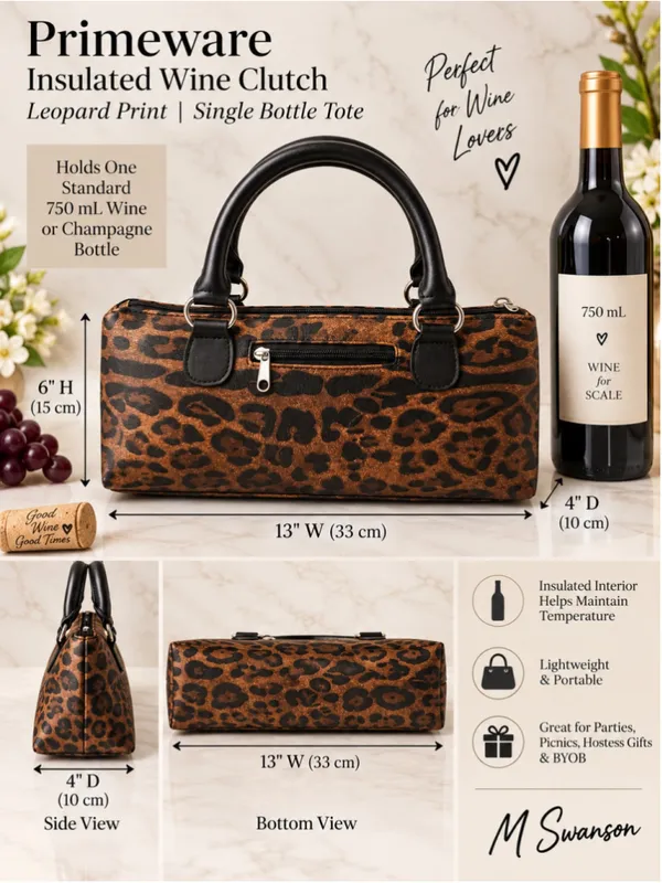 NEW Primeware Leopard Print Insulated Wine Clutch Single Bottle Tote NWOT - Image 3
