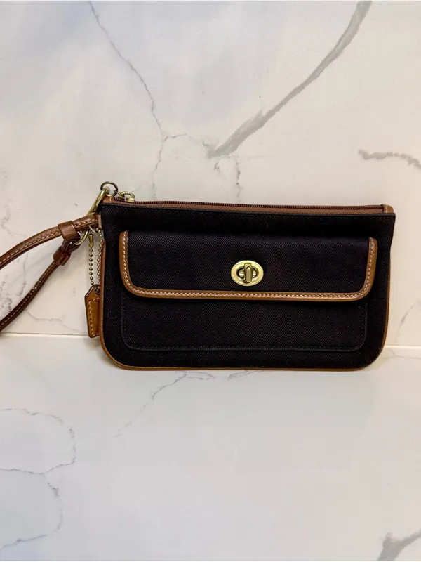 Vintage Coach Black Fabric & Tan Leather Turn-lock Wristlet Pouch - Image 2